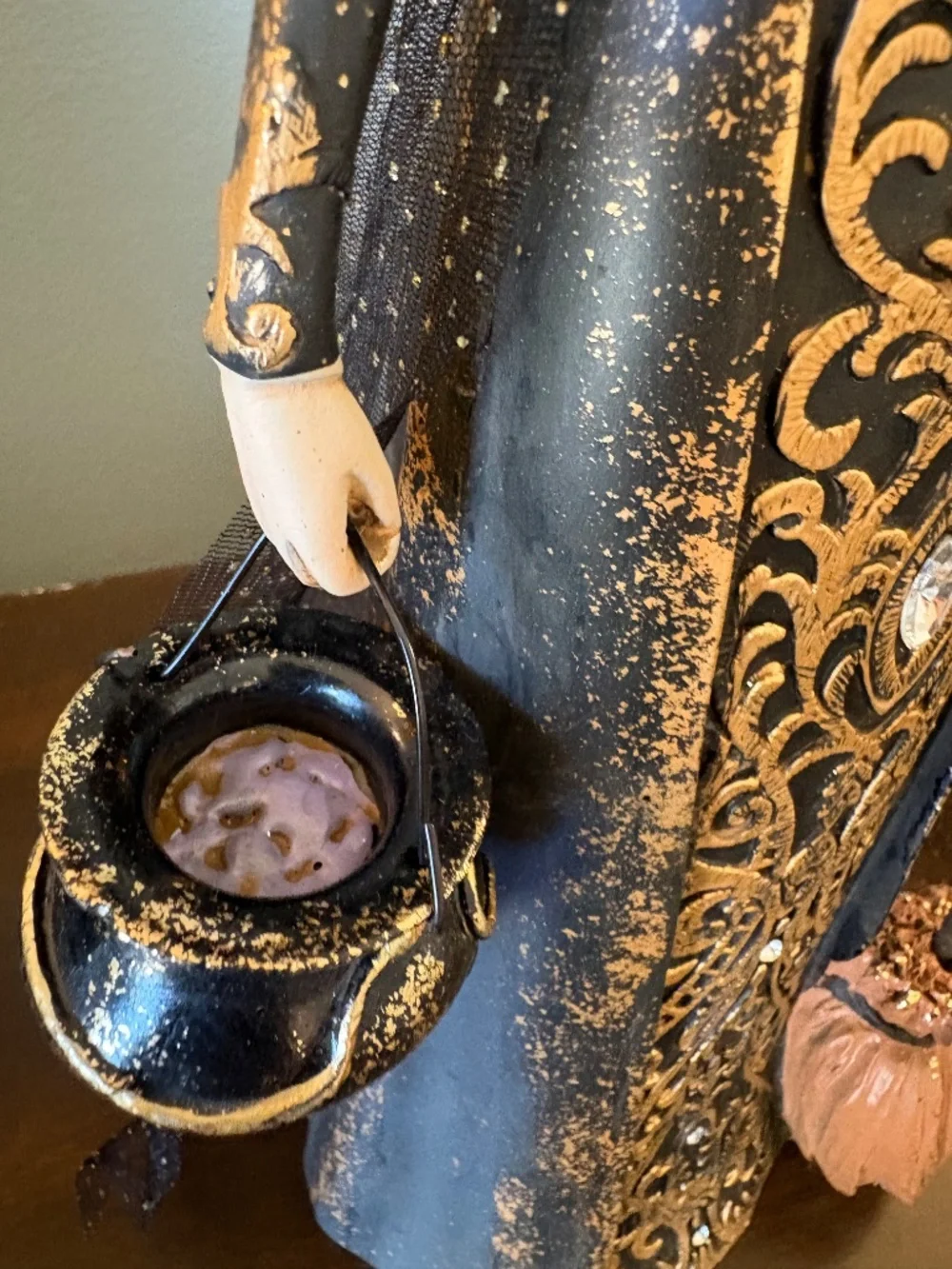 Bella Lux Halloween Witch Figurine Statue Black Gold Damask Dress Cauldron Broom